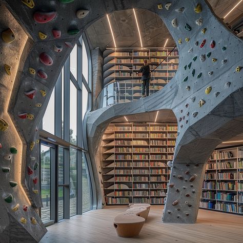 Discover the Climb & Read Library, where adventure meets learning! Dive into our vast collection of books and enjoy the thrill of our integrated rock climbing wall. Perfect for all skill levels, our climbing routes and cozy reading nooks offer a unique blend of mental and physical stimulation. Join us for an experience that nurtures both mind and body. Conceptual AI Art Follow @ecosapiens for more! Climbing Wall In House, Home Climbing Wall, Climbing Walls, Wall Climbing, Rock Climbing Wall, Reading Nooks, Architecture Design Concept, Climbing Wall, Hotel Boutique