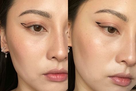 Cat Eye Asian Eyes, Graphic Liner On Hooded Eyes, Subtle Eyeliner Hooded Eyes, Downward Turned Eyes Makeup, Pencil Eyeliner Tutorial Hooded Eyes, Hoodie Eyes Eyeliner, Partially Hooded Eyes Eyeliner, Droopy Eyes Eyeliner, Epicanthal Fold Makeup