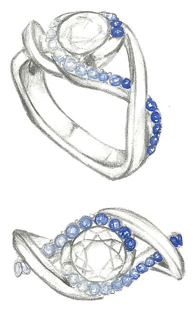 Mark Schneider Design - sketch of Scintillate engagement ring customized with sapphires accents graduating from light to dark Jewelry Doodle, Jewellery Drawing, Ring Sketch, Jewelry Sketch, Jewel Drawing, Jewelry Rendering, Jewelry Knowledge, Art Jewelry Design, Jewellery Design Sketches