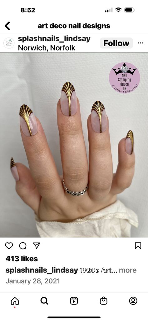 Black And Gold Art Deco Nails, Egyptian Nails Cleopatra, Middle Eastern Nail Designs, Art Deco Manicure, 1920 Nail Designs, 1920s Nail Art, Indiana Jones Nails, Art Deco Wedding Nails, Great Gatsby Nails 1920s