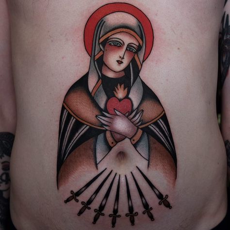 Tattoo uploaded by Tattoodo | Tattoo by Ivan Antonyshev #ivanantonyshev #religioustattoo #Christian #Catholic #religious #virginmary #mary #saint #holy #sacredheart #daggers #sword #heart #love #fire #color #traditional | 653349 | Tattoodo Holy Tattoos, Mother Mary Tattoos, Saint Tattoo, Catholic Tattoos, Christian Imagery, Virgin Mary Tattoo, Traditional Tattoo Old School, Mary Tattoo, Mexican Art Tattoos