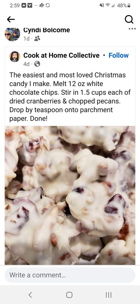 Hofflesnoppers Recipe, Cook At Home, Chopped Pecans, White Chocolate Chips, Dried Cranberries, Christmas Candy, White Chocolate, Cranberry, Chocolate Chip