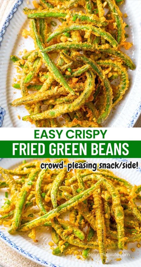 a plate of crispy fried green beans Fried Green Beans Recipe, Fried Green Bean Recipes, Green Beans Easy, Potluck Party Food, Air Fried Green Beans, Crispy Green Beans, Green Beans Recipe, Fried Green Beans, Crowd Pleasing Recipes