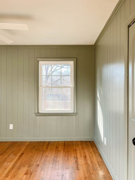 Diy Faux Wall, Sherwin Williams Evergreen Fog, Wood Paneling Makeover, Wood Panneling, Teen Bedroom Makeover, Evergreen Fog, Paneling Makeover, Faux Wall, Faux Walls