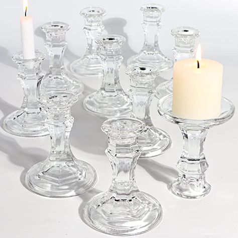 Glass Taper Candle Holders Wedding, Clear Candlestick Holders, Clear Glass Pillar Candle Holders, Glass Taper Candle Holders, Gold Votive Candle Holders, Clear Candle Holders, Gold Votive Candles, Window Sill Decor, Clear Glass Candle Holders