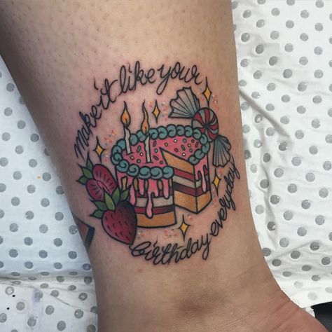 Katy Perry tattoo by Ebony Mellowship at STR Wyong Birthday Cake Tattoo, Katy Perry Tattoos, Baking Tattoo, Katy Perry Birthday, Cake Tattoo, Tattoo Cake, Artist Cake, Food Tattoos, Cute Tats