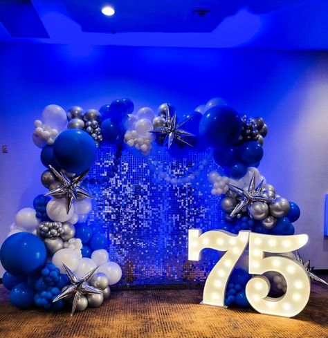 Silver Shimmer Wall, 75th Birthday Party Decorations, Blue Uplighting, 78th Birthday, 78 Birthday, Balloons Ideas, Blue Party Decorations, 75th Birthday Parties, Bling Party