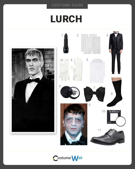 The best costume guide for dressing up like Lurch, the Frankenstein-like manservant to the Addams Family that cares for the family. Lurch Halloween Costume, Adams Family Lurch Costume, Lurch Makeup The Addams Family, Lurch Costume Diy, Lurch Addams Family Costume, Lurch Addams Family Makeup, Lurch Costume, Halloween Costumes Adams Family, Lurch Addams Family