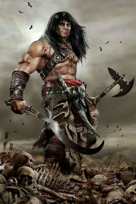 m Barbarian Sword Axe wilderness desert steppe hills mudflats Conan Conan The Barbarian Comic, Conan The Destroyer, Conan Comics, Conan The Barbarian, Red Sonja, Medieval Armor, Fantasy Warrior, Arte Fantasy, Fantastic Art