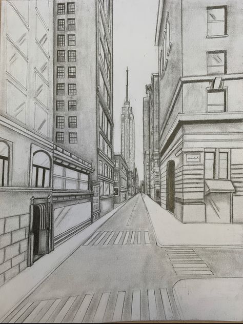 Blending Art Drawings, Pencil Art Drawings Buildings, London Perspective Drawing, Perspective Pencil Drawing, Architecture Pencil Drawing, Cool Perspective Drawings, One Point Perspective Drawing Street, How To Draw A City, Building Perspective Drawing