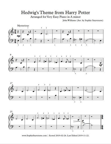 Hedwig’s Theme from Harry Potter – Very Easy Piano Sheet Music Arrangement – Sophie Sauveterre Harry Potter Theme Piano Easy, Hedwig Theme Piano, Hedwigs Theme Piano, Beginner Violin Sheet Music, Harry Potter Theme Song, Easy Violin Sheet Music, Piano Songs Sheet Music, Sheet Music With Letters, Beginner Piano Music