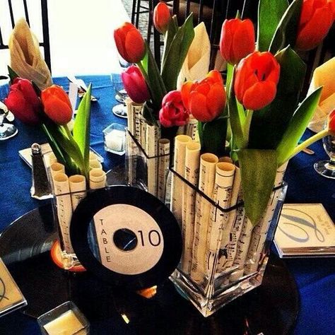 Music theme centerpieces! Jazz Centerpieces, Musical Centerpieces, Formal Centerpieces, Motown Party, Music Centerpieces, Music Notes Decorations, Musical Wedding, Bloomsburg University, Jazz Party