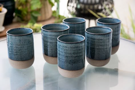 "Set of 6 ceramic cups no handles.  Sizes approximate: 4\"  high x 3\"  diameter (10 cm X 7.5 cm ) Holds: 10 fl oz / 300 ml  Each cup is hand-crafted with gray speckled clay on my pottery wheel. The cup is glazed on the inner surface and partly on the outer surface, leaving a showing of some of the lovely raw rustic speckled clay.  The cups are perfect for drinking coffee, tea, water, and even wine. Use it at home or bring it to the office, it will brighten up your day!  ♥ This item can be purch Pottery Drinking Glasses, Ceramic Drinking Cups, Ceramic Cups Without Handles, Blue Coffee Cups, Speckled Clay, Clay Cup, Ceramic Tumbler, Pottery Techniques, Tiny House Movement