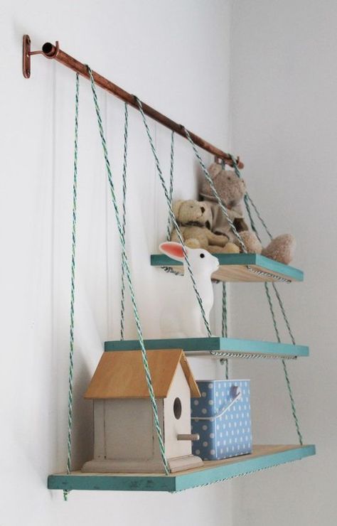 Diy Display Shelf, Industrial Shelf Diy, Hanging Garage Shelves, Pallet Wall Hangings, Hanging Rope Shelves, Repurposed Headboard, Fan Flower, Pallet Wood Shelves, Macrame Hanging Chair