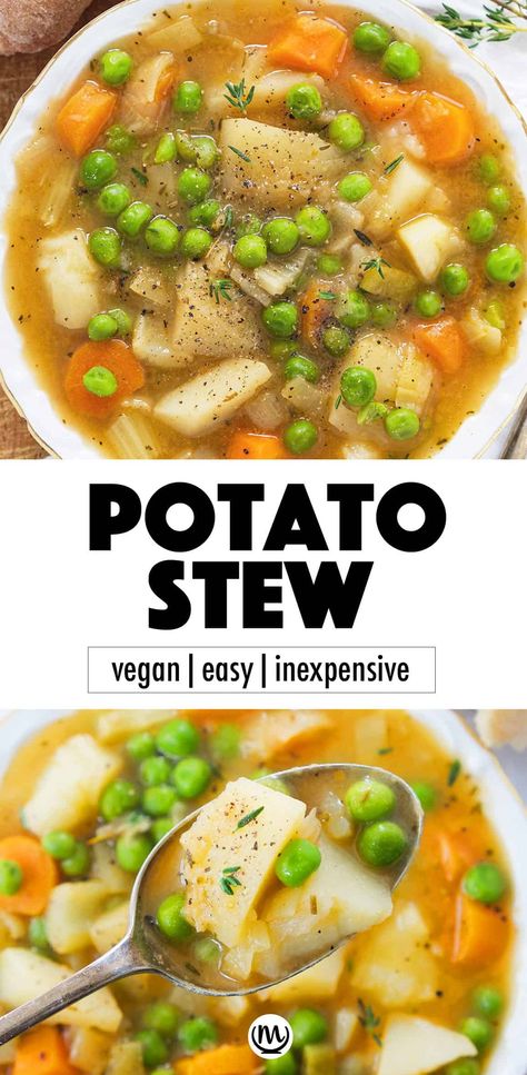 This easy potato stew is so delicious and comforting. The starchy potatoes are combined with carrots, celery, peas and are gently cooked in a thick, flavorful broth. Perfect for crusty bread to sop it all up! #potatostew #potatorecipes #potatosoup #stew #veganrecipes Potatoes Carrots Celery Recipes, Potato Carrot Stew, Vegetarian Potato Stew, Vegan Potato Stew, Potato Celery Carrot Onion Soup, Celery Carrot Recipes, Carrot Potato Recipes, Cooked Celery Recipes, Carrots And Celery Recipes