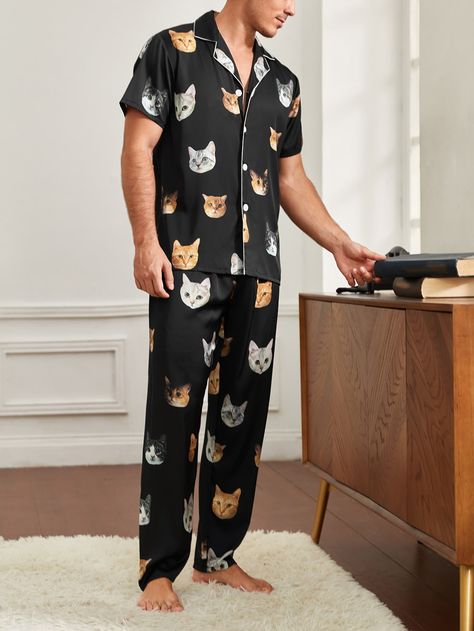 Preto  Collar Manga Curta  Animal,Estampa total Conjuntos de Pijama Embellished Elasticidade Baixa  Roupa interior masculina Pajama Set For Men, Men Pajamas Fashion, Men’s Pajamas Aesthetic, Funny Pajamas Men, Pajama Set Men, Pjs For Men, Male Pajamas, Pajama Set Men Cute, Cute Pijamas