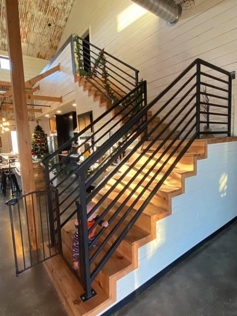 Barndominium Staircase, Black And Wood Interior, Warehouse Home Design, Plywood Ceiling, Black Barndominium Ideas, Mobile Home Exteriors, Black Barndominium, Warehouse Home, Barn Houses