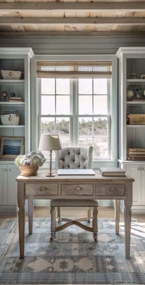 French Cottage Office, Desk In Middle Of Office, Womens Office Decor, Office Oasis, Frog Ideas, Cottage Office, Transitional Home Office, Home Office Layouts, Country Office