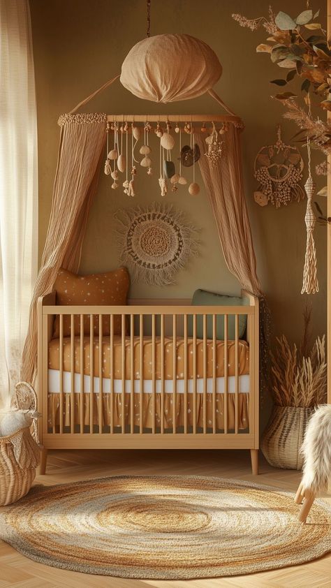 Earthy boho baby nursery with natural wood crib, warm tones, and woven decor accents for a cozy and calming ambiance. Bohemian Nursery Decor, Gender Neutral Nurseries, Boho Baby Nursery, Neutral Nursery Ideas, Neutral Nurseries, Bohemian Nursery, Earthy Decor, Calming Spaces, Gender Neutral Nursery