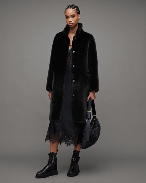 Shop the Serra 2-In-1 Reversible Shearling Coat in Black at ALLSAINTS US from our collection of All Women's Sale. Free shipping on all US orders. Jackets Summer, Shearling Coat, Coat Black, Accessories For Men, 2024 Collection, All Saints, Leather Jackets, Summer Essentials, Black Coat