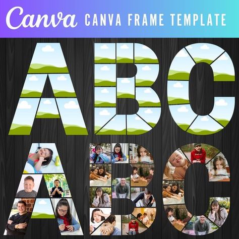 Canva frames alphabet font Letter Picture Collages, Fillable Letters, Collage Letters, Letter Photo Collage, Alphabet Frames, Letter Collage, Canva Frames, Framed Letters, Alphabet Photos