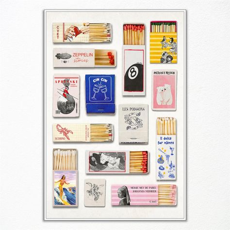 PRICES MAY VARY. 🎨 Vintage Matchbox Print, Trendy Matches Poster, Retro Matchbook Wall Art, Funky Red Aesthetic Print for Apartment, a nod to the timeless charm of vintage matchbook art. This carefully crafted print captures the essence of nostalgia, featuring iconic matchbox designs that bring a touch of retro allure to any space. Available in three sizes: 12x16 inches, 16x24 inches, and 24x36 inches. 🎨 Make a bold statement with our Colorful Matchbook Poster, a vibrant and eye-catching addit Random Wall Art Collage, Modern Bedroom Artwork, Trendy Art Projects, Match Box Print, Retro Poster Design Vintage Prints, Match Book Art, Matchbox Collage, Match Box Art, Matchbook Print