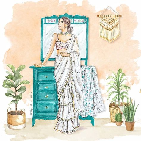 Backgrounds For Fashion Illustration, Background For Illustration Fashion, Saree Illustration Art, Saree Sketches Fashion Illustration, Fashion Illustration Background Ideas, Saari Illustration, Saree Illustration Sketch, Traditional Dress Illustration, Traditional Fashion Illustration