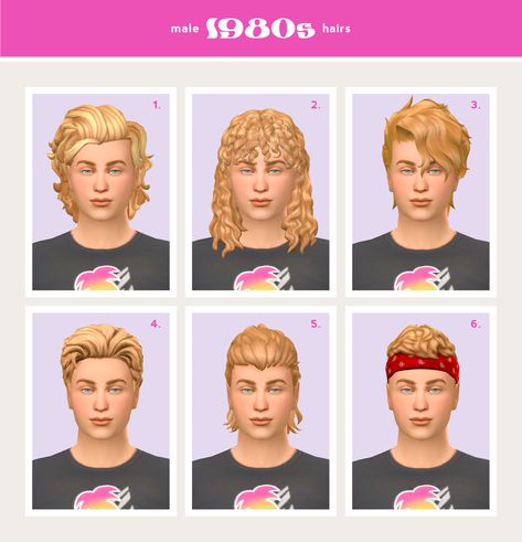 MALE CC HAIRS - 1980s With both the 50s revival and the explosion in popularity of hair metal bands, the 80s were probably the most bombastic decade when it came to men's hair. I had so much fun... 80’s Hair, 80's Hairstyle, Ts4 Hair, Sims 4 Hair Male, Sims 4 Decades Challenge, Ts4 Mods, Hair Metal Bands, 50s Hairstyles, Makeup Cc