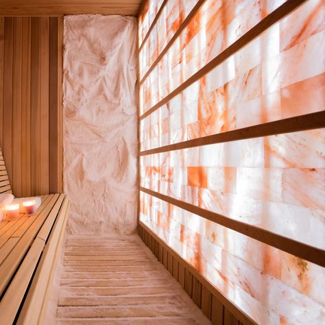 Himalayan Salt Room Construction Aluminum Panel Walls & Backlit Salt Wall Himalayan, Himalayan Salt Sauna, 443 Greenwich, Modern Yoga Studio, Himalayan Salt Wall, Wellness Collective, Salt Room Therapy, Himalayan Salt Room, Salt Interiors