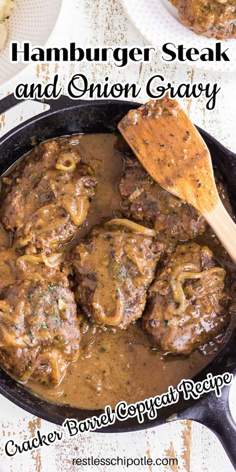 Copycat Cracker Barrel hamburger steaks and onion gravy recipe is hearty comfort food that's easy to make - even on a busy weeknight! Seasoned hamburger steaks are seared in a skillet on top of the stove then simmered in a rich onion gravy until they are tender and juicy! Onion Gravy Recipe, Hamburger Steak Recipes, Hamburger Steak And Gravy, Copycat Cracker Barrel, Cracker Barrel Recipes, Hamburger Steaks, Hamburger Dishes, Steak And Onions, Salisbury Steak Recipes