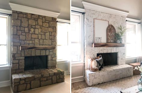 I renovated my stone fireplace!  I spent $63 in supplies and had it done in just a few hours!  Come check out the tutorial with links to all the products! Fireplace Transformation, Painted Stone Fireplace, German Schmear, Stone Fireplace Makeover, Rock Fireplace, Fireplace Redo, Brick Fireplace Makeover, Paint Fireplace, Shanty 2 Chic