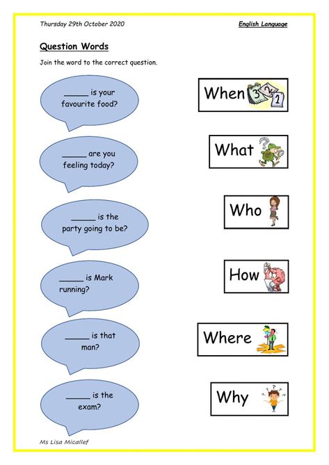 Wh Questions Activities, English Primary School, Question Words, Words Worksheet, English Grammar For Kids, English Worksheets For Kindergarten, Grammar For Kids, English Teaching Materials, English Exercises