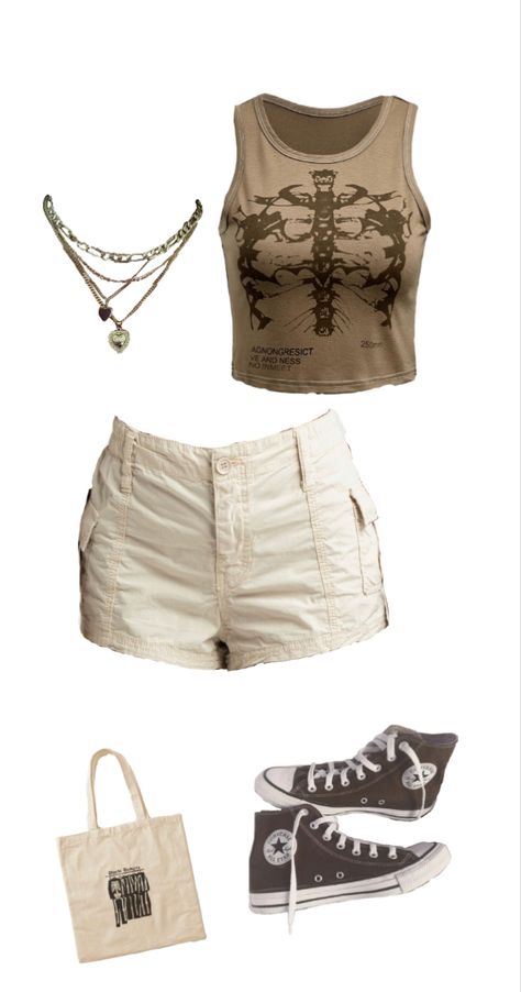 #etsy #outfits #outfitideas #outfitinspiration #outfitstyle #outfitoftheday #outfit #cute #casual #style #styleideas #fashion #converse #necklace #purses #purse #necklace #bag #brown #girl #shorts #cargo #casualstyle #beige #layerednecklace #bag Cream Shorts Outfit Aesthetic, Tan Jean Shorts Outfit, Outfit Ideas With Cargo Shorts, Beige Cargo Shorts Outfits Women, Y2k Outfit With Shorts, Khaki Cargo Shorts Outfit Women, Cargo Shorts Outfits Women Aesthetic, Beige Y2k Outfit, Summer Outfits Cargo Shorts