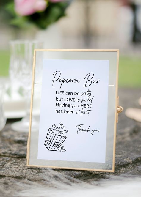 Wedding Popcorn Machine, Wedding Popcorn Bar Ideas, Popcorn Bar Wedding, White Wedding Sign, Wedding Popcorn Bar, Popcorn Bar Sign, Wedding Favor Sign, Wedding Foods, Popcorn Wedding