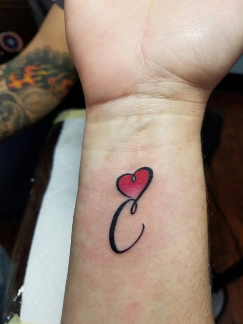 "C" tattoo with heart Letter C With Heart Tattoo, Heart With A C Tattoo, Heart C Tattoo, Small C Tattoo Letter, C Letter Tattoo Design, C Heart Tattoo, C Letter Tattoo, Letter C Tattoo Ideas, Letter C Heart