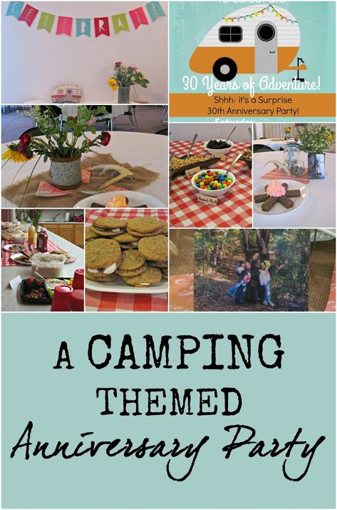 A camping themed anniversary party! Retro RV invites, fire-side worthy snacks, cute rustic decor, and even campfires at every table... and don't forget the s'mores! Camper Retirement Party Ideas, Rv Retirement Party Ideas, Happy Camper Retirement Party, Rv Party Ideas, Camping Retirement Party, Camping Anniversary Ideas, Rv Birthday Party Ideas, Camping Theme Retirement Party, Camping Retirement Party Ideas