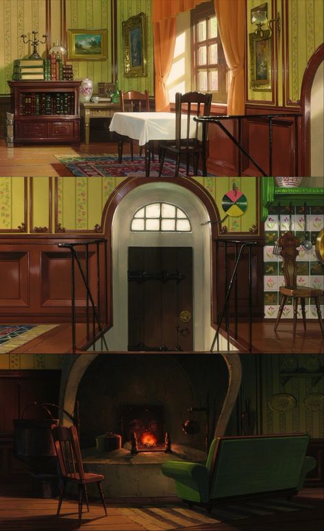 Howls Moving Castle Living Room, Howl's Moving Castle Interior, Howls Moving Castle Howl's Room, Howl's Moving Castle Kitchen, Studio Ghibli House Interior, Ghibli Interior Design, Howls Moving Castle Interior, Howls Kitchen, Studio Ghibli Architecture