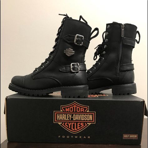 Harley Davidson Women’s Riding Boots Nib Black - Size 7 Harley Davidson Boots For Women, Harley Davidson Womens Clothing, Motorcycle Boots Women, Biker Chick Outfit, Moto Harley Davidson, Biker Clothing, Womens Harley Davidson Boots, Black Lace Boots, Harley Davidson Shoes