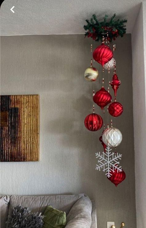 Christmas Diy Ceiling Decorations, Hanging Diy Christmas Decorations, Christmas Hanging Ceiling Decorations, Above Fridge Christmas Decor, Christmas Decor For Ceiling, Long Hallway Christmas Decor Ideas, Glam Christmas Decor Ideas Diy, Magical Christmas Decor, Christmas Decor Ideas Red And Gold