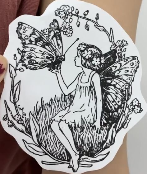 Storybook Fairy Tattoo, Angel Tattoo Cover Up, Fairy Floral Tattoo, Cottagecore Tattoo Sleeve, Cottagecore Tattoo Ideas, Cottage Tattoo, Fairycore Tattoo, Cottage Core Tattoos, Cottagecore Tattoos