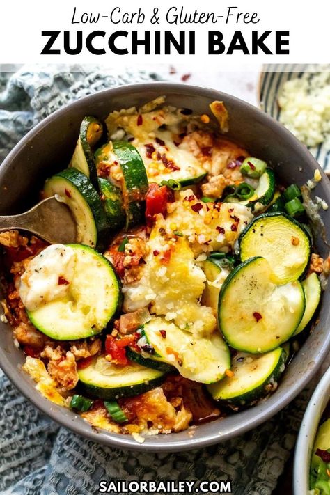 Zucchini Bake is a cheesy, easy low carb meal full of protein from ground chicken in every bite. A feel good meal fora healthy dinner recipe or lunch idea you will love - plus it's gluten-free and great for meal prep! Meal For The Week, Sailor Bailey, Zucchini Bake, Low Carb Meal, Ground Chicken Recipes, Low Carb Zucchini, Lunch Idea, Low Carb Meals Easy, Ground Chicken