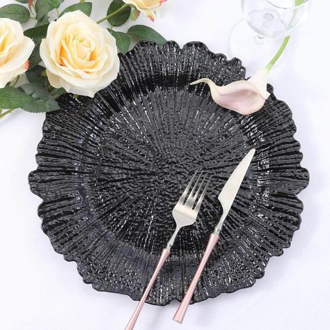 https://www.efavormart.com/products/6-pack-13-round-reef-black-plastic-charger-plates?variant=31904854999086 Wooden Napkin Rings, Dinner Decoration, Signature Dishes, Oscar Party, Red Carpet Event, Plastic Plates, Black Plates, Acrylic Plastic, Charger Plates