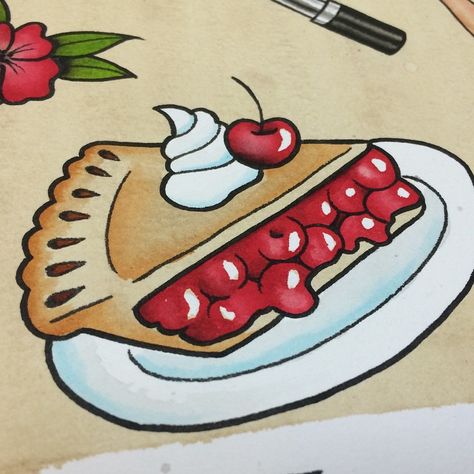 Traditional Pie Tattoo, Pie Tattoo Ideas, Cherry Pie Tattoo, July Tattoos, Daisies Tattoo, Pie Tattoo, Tattoo Food, Random Tattoos, Food Tattoos