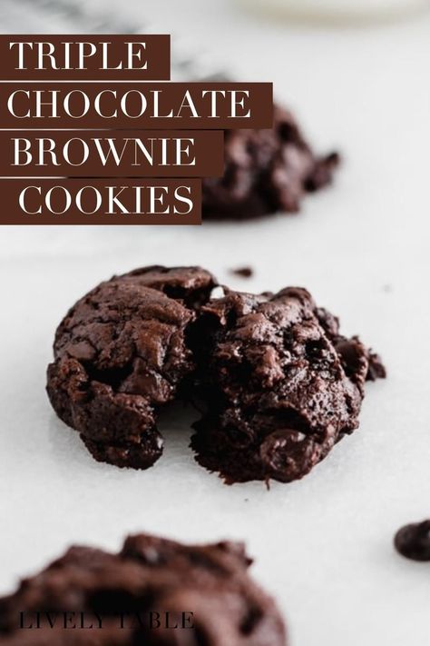 Triple Chocolate Brownie Cookies, loaded with three kinds of chocolate, are a rich and decadent collision of brownies and cookies. Just a couple of bites and your chocolate cravings will be satisfied! (nut-free) Prune Puree, Brownie Vegan, Chocolate Brownie Cookies, Cookie Brownie Recipe, Delicious Cookies, Best Brownies, Keto Cookies, Too Good To Be True, Flaxseed