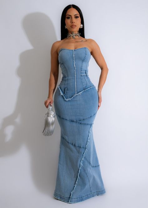 Denim Dress Outfit Summer, Wedding Swimwear, Structured Corset, Denim Maxi Dress, Dress Denim, Denim Maxi, Mermaid Style, Mermaid Fashion, Corset Style