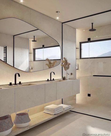 Beige And Black Bathroom, White Bathrooms, Black Fixtures, Spa Luxury, Curved Mirror, Unique Mirror, White Bathroom Designs, Primary Bath, Beige Bathroom