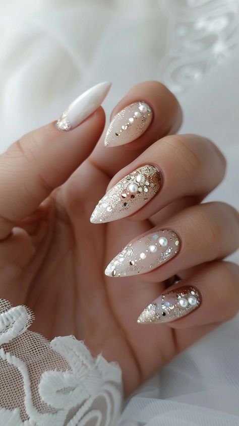 Dramatic Artwork, Bridal Nail Designs, Elegant Bridal Nails, Bridal Manicure, Oval Shaped Nails, Bridal Nails Designs, Bridal Nail, Festive Nail Designs, Nail Looks