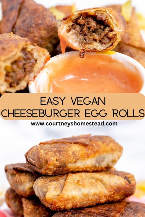 These easy vegan cheeseburger egg rolls recipe is the perfect vegan game day recipe or vegan game day snack. These taste incredible! Plant Based Egg Rolls, Vegan Egg Rolls Recipes, Plant Based Snack Ideas, Vegan Crescent Roll Recipes, Vegan Game Day Recipes, Vegan Fast Food Recipes, Vegan Copycat Recipes, Cheeseburger Egg Rolls Recipe, Vegan Appetizers Easy