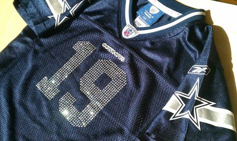 Dallas Cowboys BLING Jersey Dallas Cowboys Jersey Outfit Woman, Cowboys Jersey Outfit Woman, Bedazzled Football Jersey, Bedazzled Jersey Rhinestones, Dallas Cowboys Bling Shirts, Nfl Wag, Dallas Cowboys Clothes, Cheer Jackets, Diy Jersey