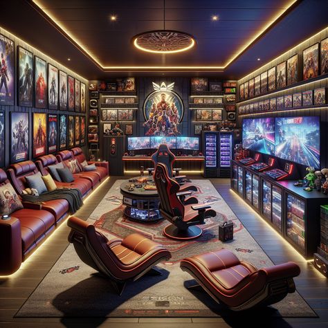 This gaming man cave is a gamer's paradise, featuring an advanced gaming setup, a vast collection of video games, and comfy seating. Amenities include a mini-fridge, racing simulator, and a VR corner for an immersive gaming experience. #ManCave #GamingRoom #PCGaming #VideoGames #GameCollectibles #VirtualReality Fantasy Gaming Room, Gaming Man Cave, Luxury Gaming Room, Desk Gaming Setup, Game Room Layout, Basement Game Room Ideas, Games Room Inspiration, Gaming Lounge, Desk Gaming